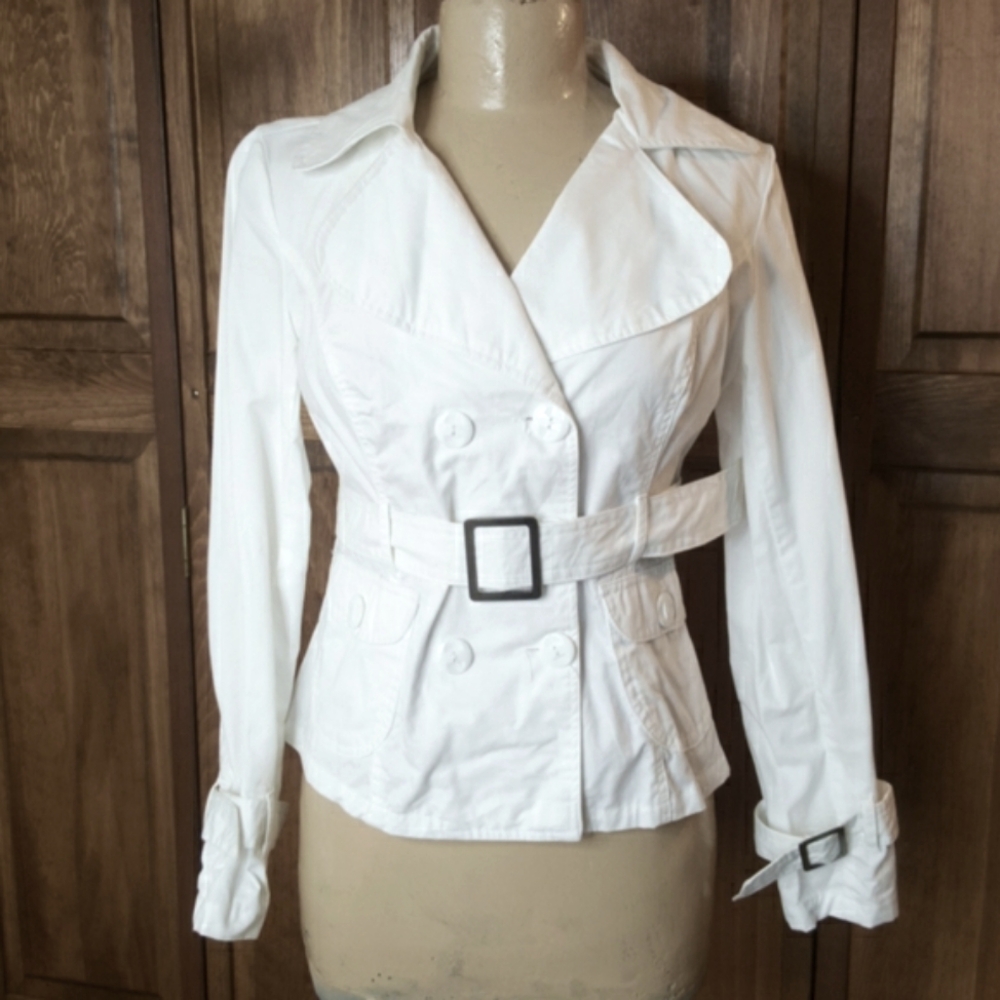 White Belted Trench Coat Jacket Sz Small